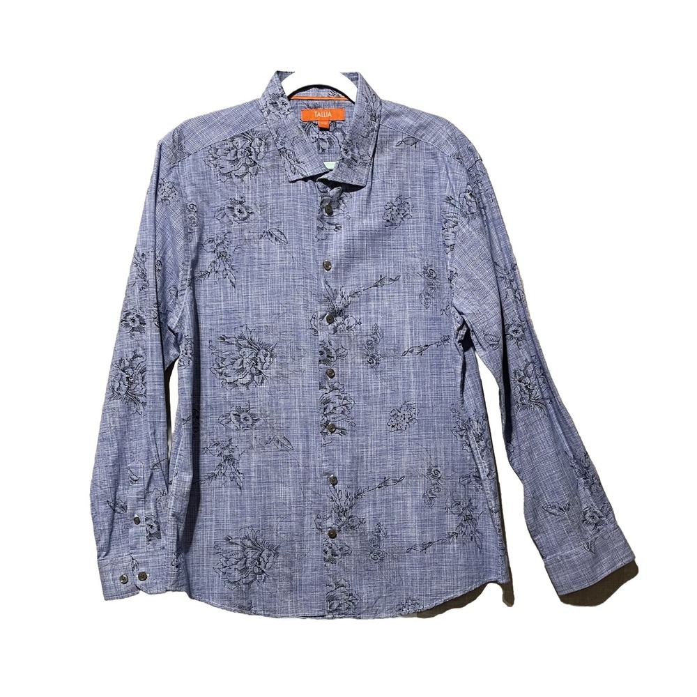 Tallia Shirt Men's XL Blue Check Floral Long‎ Sleeve Coastal Tropical